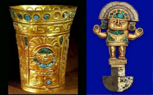 Izquierda: Kero o vaso ceremonial de oro adornado con piedras semipreciosas. Derecha: Tumi o cuchillo ceremonial de oro con piedras semipreciosas.
