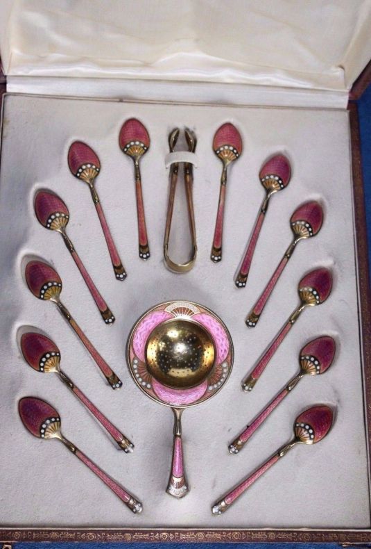 metal esmaltado DAVID ANDERSEN Norway Sterling Silver Pink Enamel BOXED Spoon Set Noruega 1920