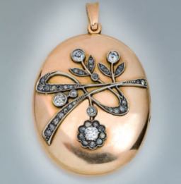 Medallón Art Nouveau de oro rojo de 14 k y diamantes. Rusia 1908